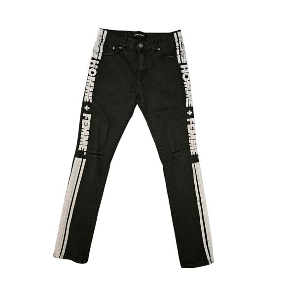 Homme + Femme Skinny Distressed Jeans Mens Black/White Logo Stripes - Sz 28 - Picture 2 of 8
